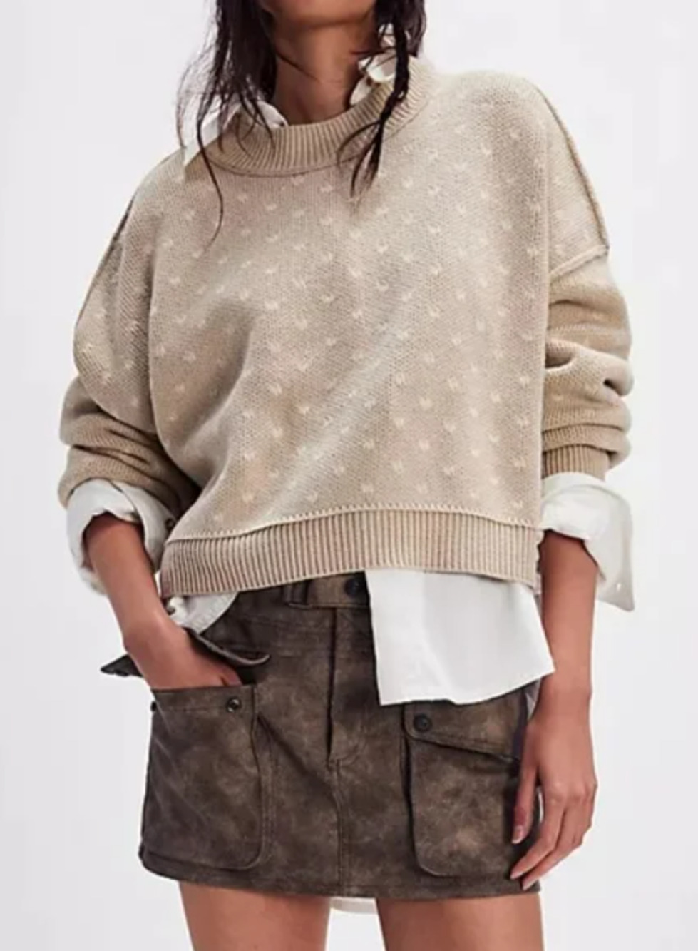 FREE PEOPLE WMNS MEDIUM PATTERN EASY STREET CROP PULLOVER SWEATER OATMEAL IVORY